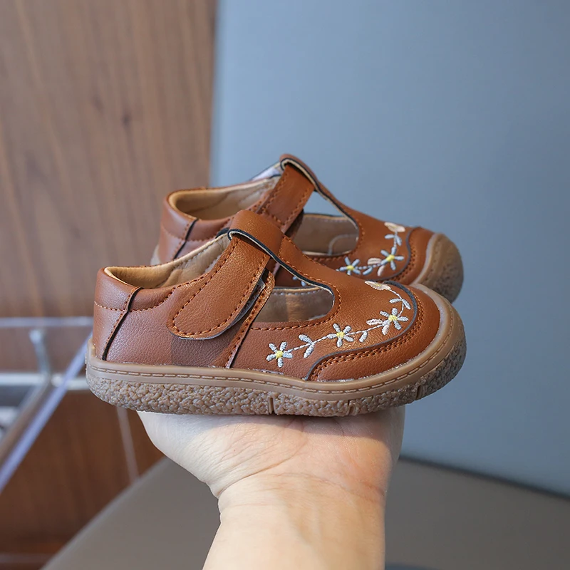 Противоскользящая детская повседневная обувь из искусственной кожи с цветочным