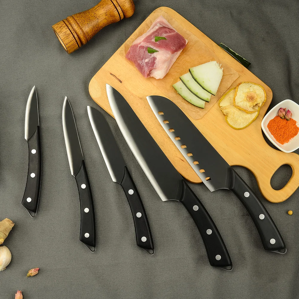 Нож сантоку XYJ черный 7 дюймов с деревянной ручкой