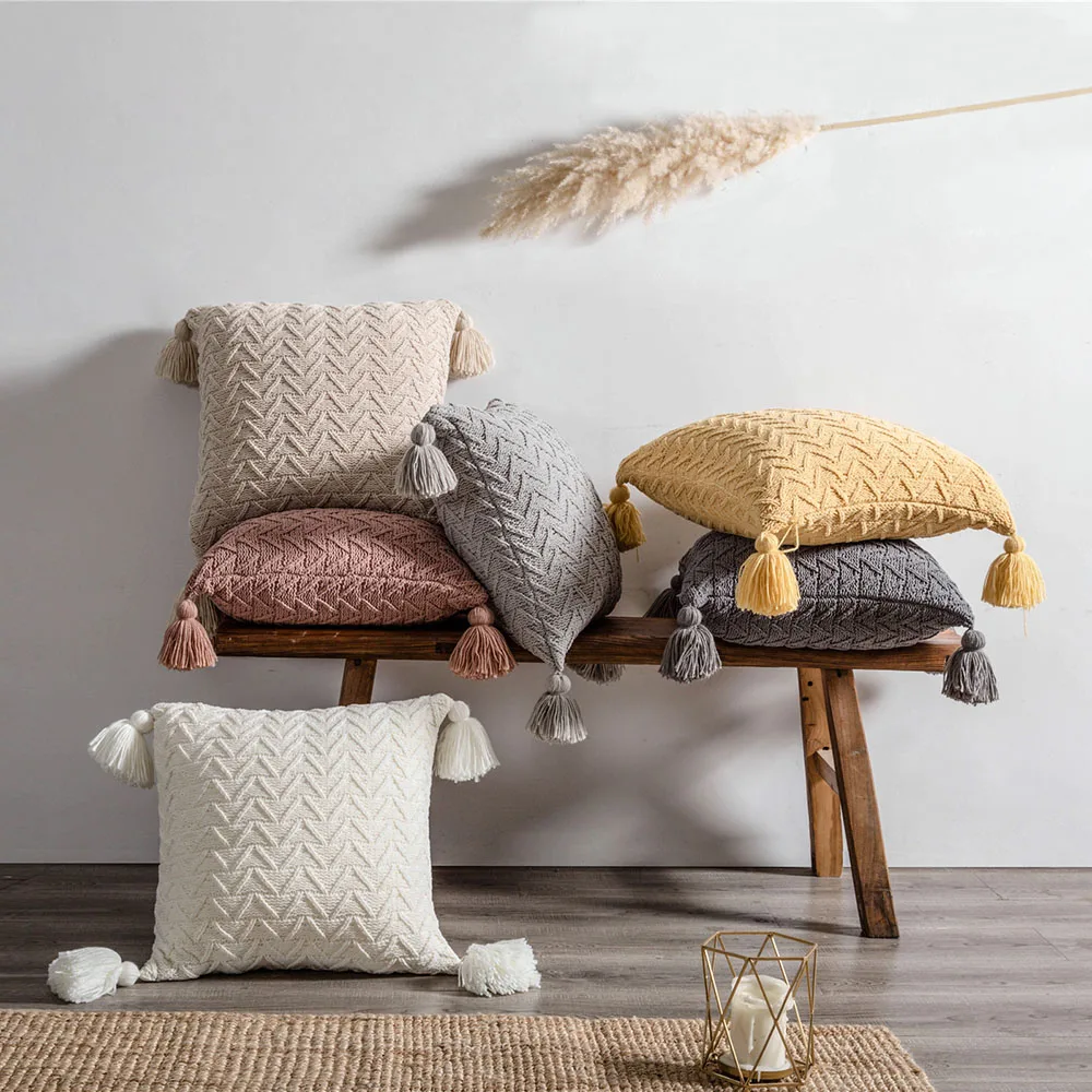 

Nordic Chenille Cushion Cover Cable Knit Pattern Tassels Throw Pillow Covers Decorative 45x45cm for Sofa Bedroom Home Decor