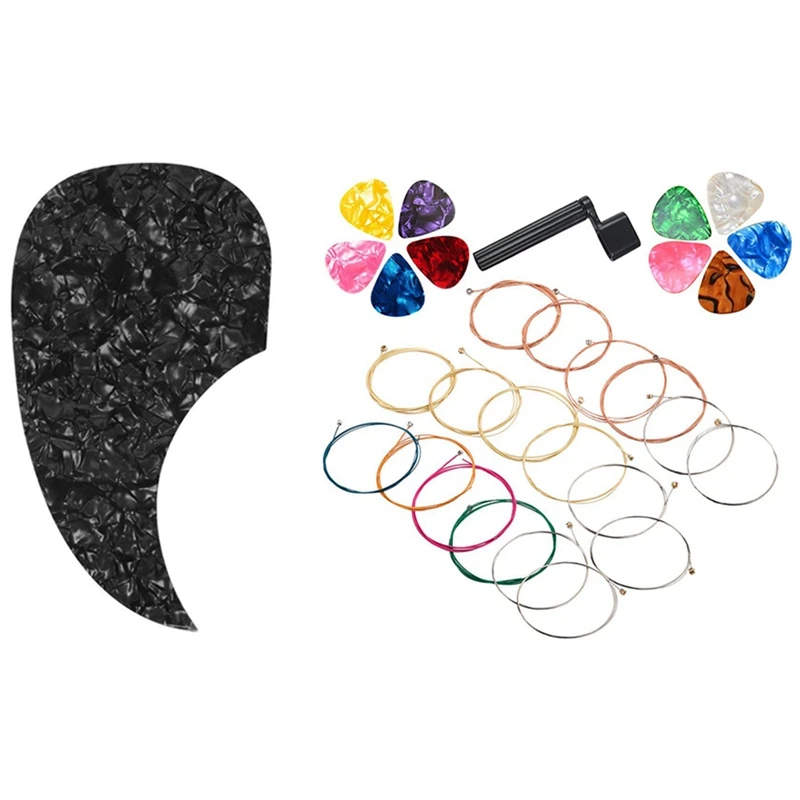 

1Pcs Acoustic Guitar Pickguard Self-Adhesive Pick Guard Plate Comma Shape Black Pearl & 1SET Guitar Strings