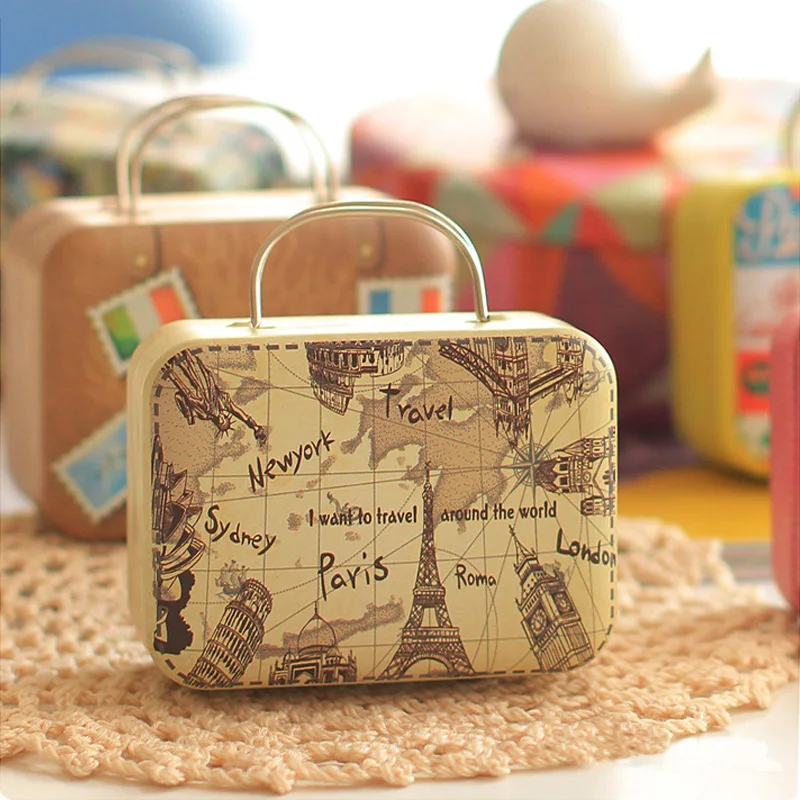 

Vintage Mini Suitcase With Handle Candy Metal Storage Box For Wedding Gifts Candy Chocolate Print Travel Portable Container
