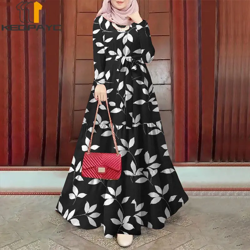 

Muslim Women Dubai Abaya Long Dress Kaftan Islam Arab Elegant Floral Print Loose Dresses with Belt Robe Middle East Eid Clothing