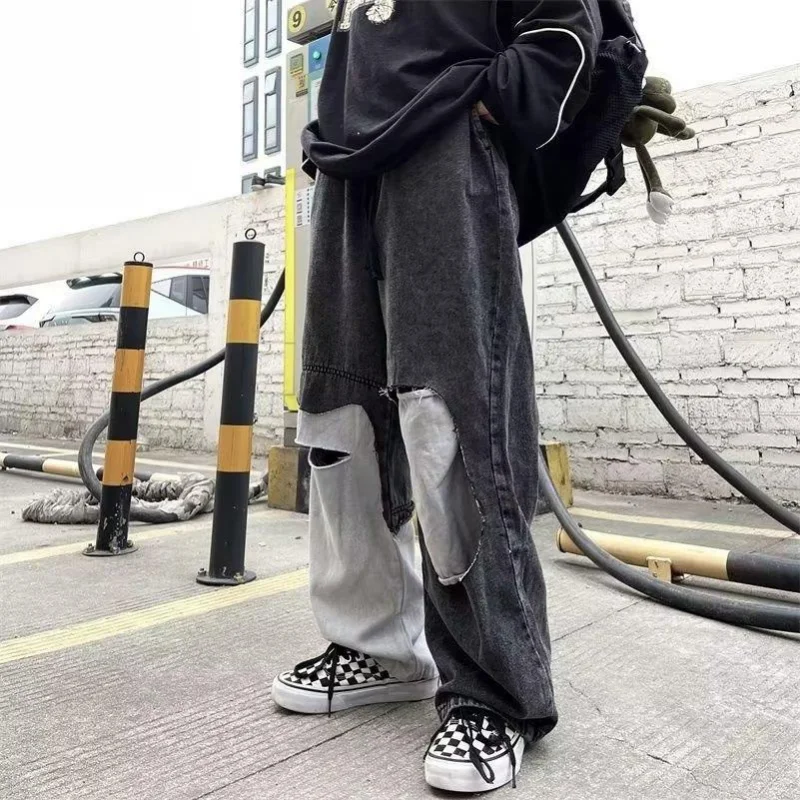 DEEPTOWN Patchwork Hole Jeans Men Black Streetwear Denim Pants Loose Hip Hop Straight Trousers Male Punk Harajuku Korean Spring