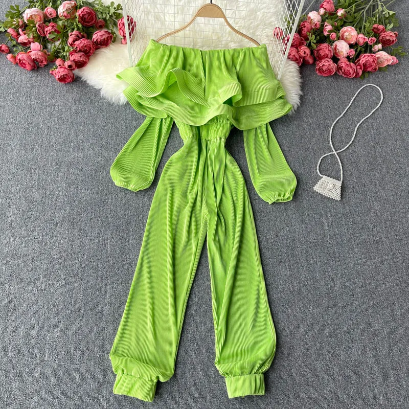 

Smmer Women Pleated Loose Rompers Vintage Solid A Word Shoulder Double Layer Ruffle Short Sleeve Elegant Maxi Vestidos Female