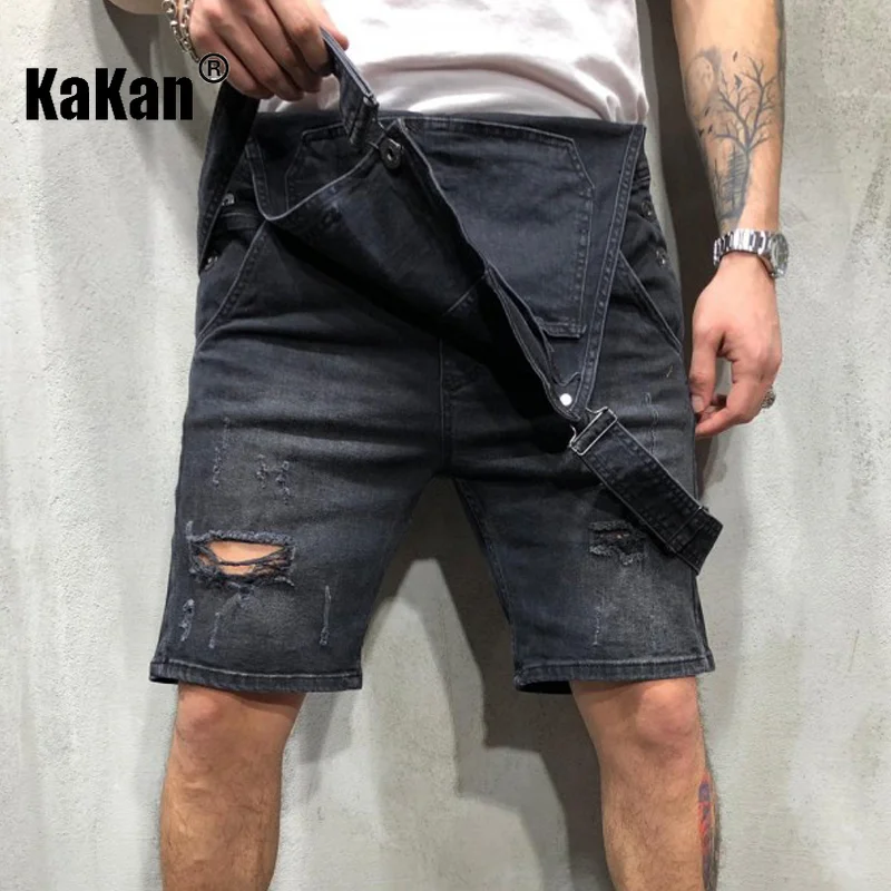Kakan - European and American New Strap Denim Shorts for Men, Youth Popular Wear Out Black Strap Short Jumpsuit K34-329
