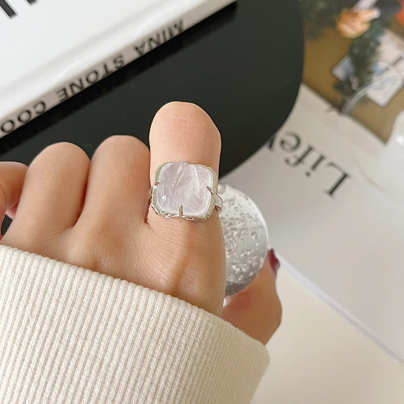 Silvology Real 925 Sterling Silver Big Natural White Crystal Square Rings for Women Minimalist Luxury Female Fashionable Jewelry