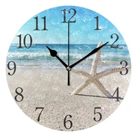 round wall clock arabic numerals design starfish on the beach silent non ticking haning wall watch for living room bedroom decor