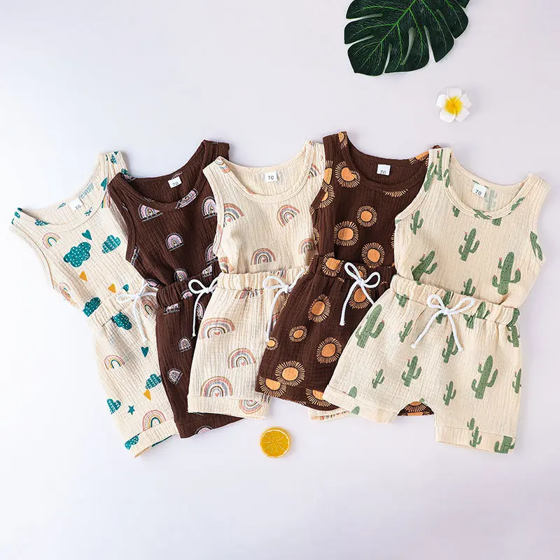 

2022 summer new cotton hemp rainbow cactus printed Vest Top + shorts two-piece suit boys and girls Baby Short Sleeve suit