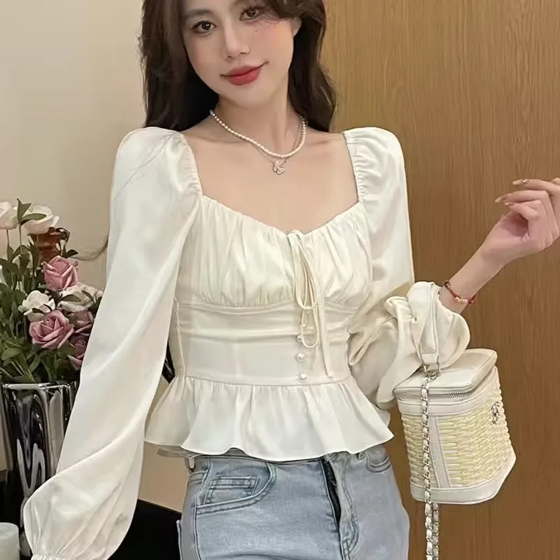 2023 Spring and Summer New French Pinched Waist Niche Beautiful Small Shirt Woman's Collar Closed Waist Lotus Edge Top