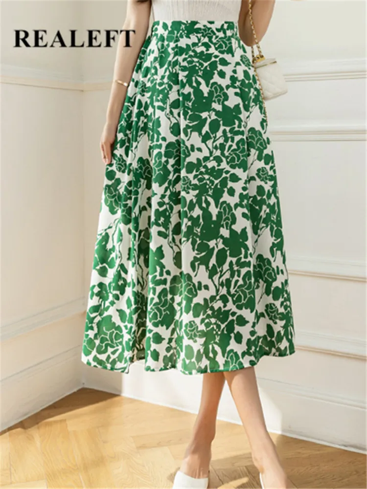 

REALEFT 2022 Summer New Vintage Women's Umbrella Skirt Fashion Mid-length High Waist A-Line Floral Printing Skirts Female