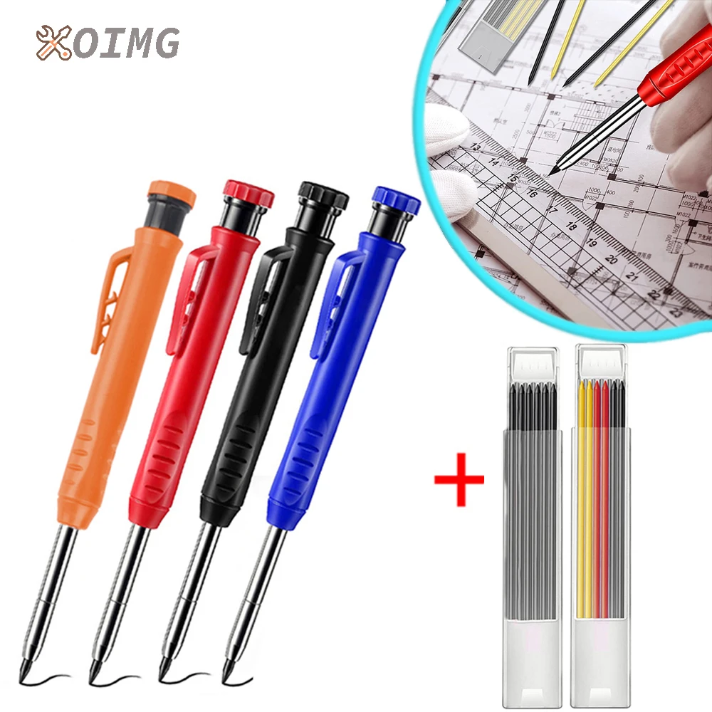 Set With 6 Refill Built-in Sharpener Deep Hole Mechanical Pencil Woodworking Tools Carpentry Scriber