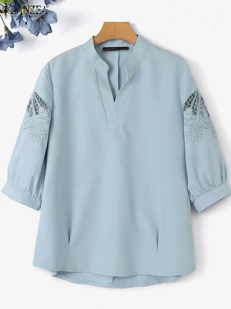 Блузка ZANZEA Женская Повседневная свободного покроя модная ажурная Однотонная