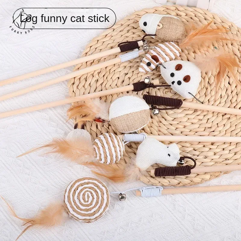 Забавная палочка с кошачьими перьями и колокольчиком играющая в висячие