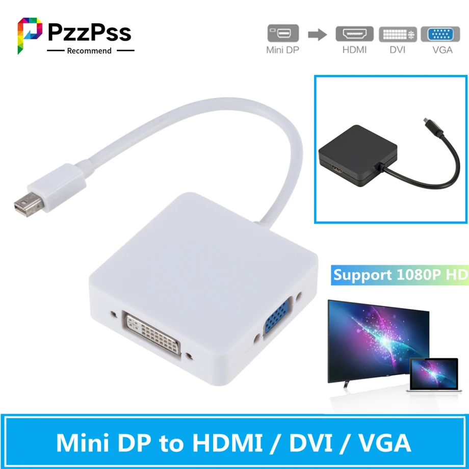

PzzPss 3 in 1 Mini DP DisplayPort to HDMI-Compatible VGA DVI Adapter 1.8M Cable Converter For MacBook Pro Air Mini DisplayPort