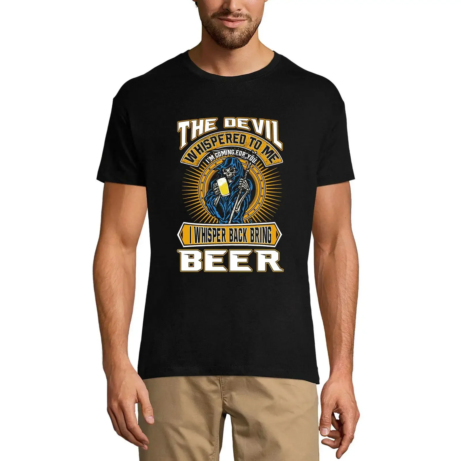 Фото Футболка мужская Ultrabasic Devil Whispered to Me Le Teufel m'a chuchoté Beer Lover, черная, XS, винтажная, с эффектом потертости, слегка комфортная №1