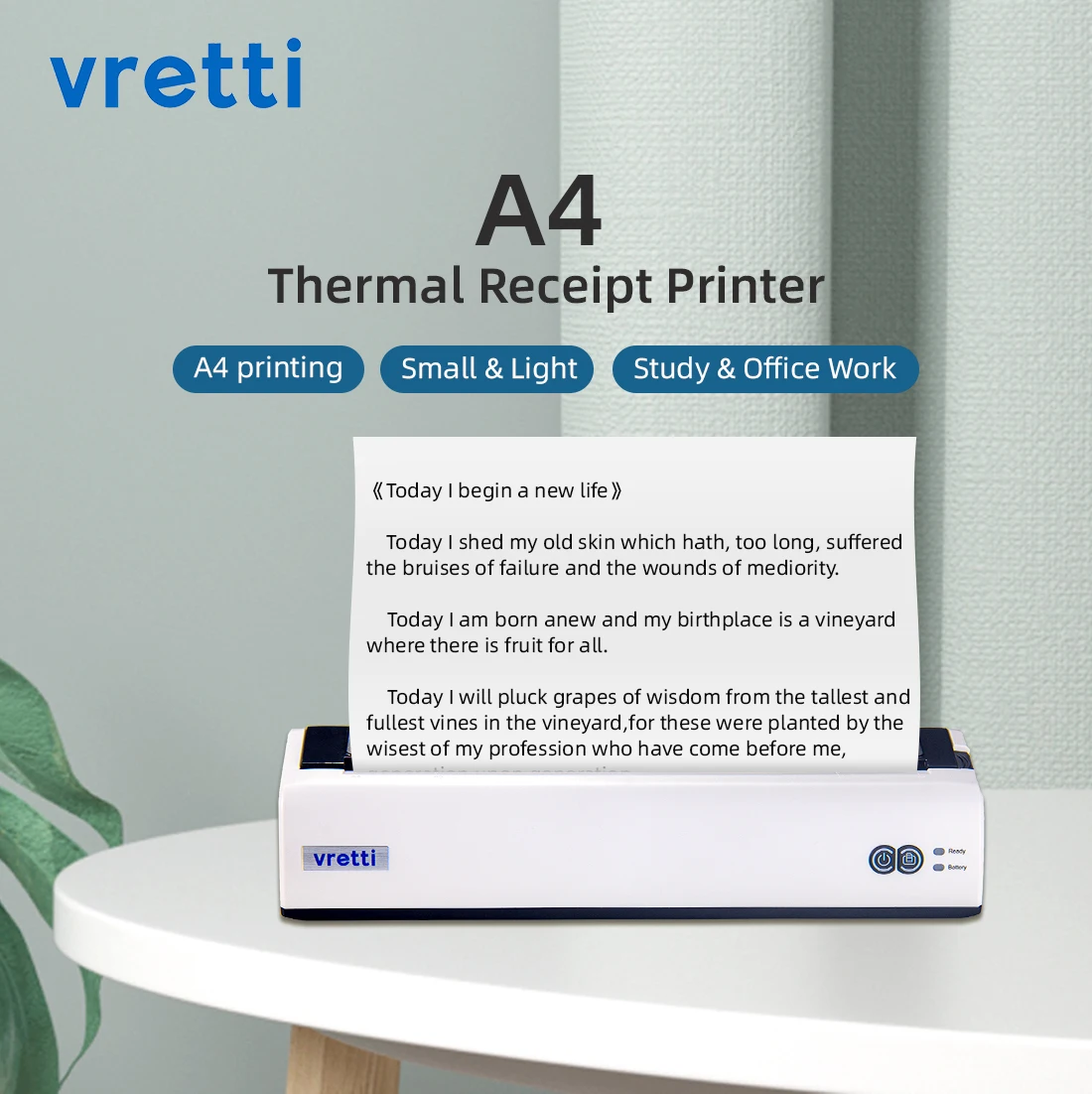 

Портативный термопринтер Vretti A4, термопринтер для мобильных телефонов, беспроводной Bluetooth, USB, для работы в офисе, 1 рулон бумаги