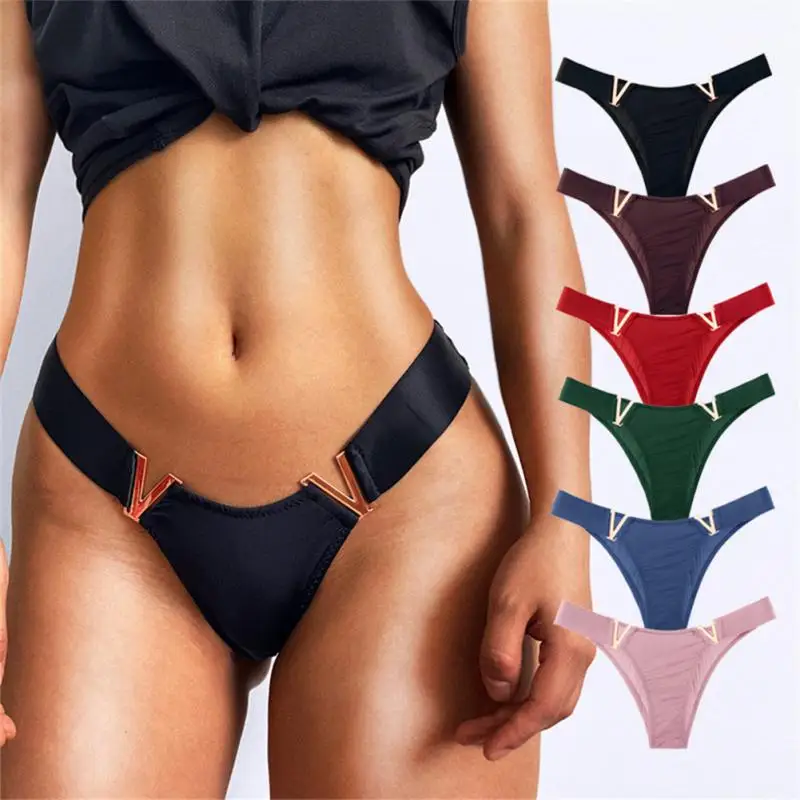 

Women Fashion Sexy V-Shaped Metal Low Waist High Fork Bikini Half Sheath Sports Fitness Solid Color T-Shaped Seamless Pants