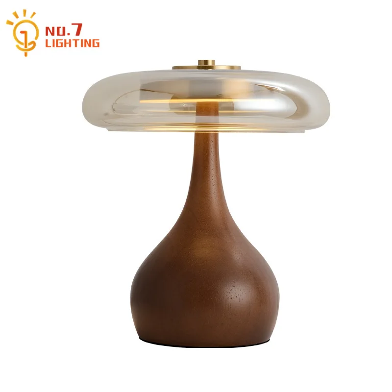 

Japanese Retro Atmosphere Solid Wood Glass Table Lamp Bedroom Bedside LED Desk Lights Home Decor Homestay Study Living/Tea Room