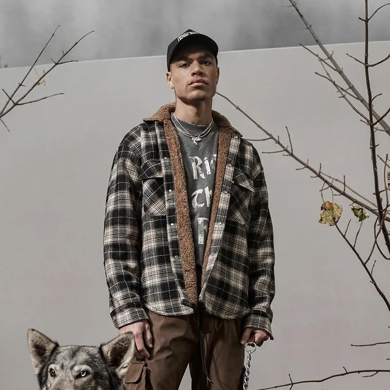 

Модная свободная винтажная кашемировая куртка оверсайз в клетку из ягненка с покрытием Осень-зима 2023 Мужская Новая корейская повседневная куртка в стиле хип-хоп