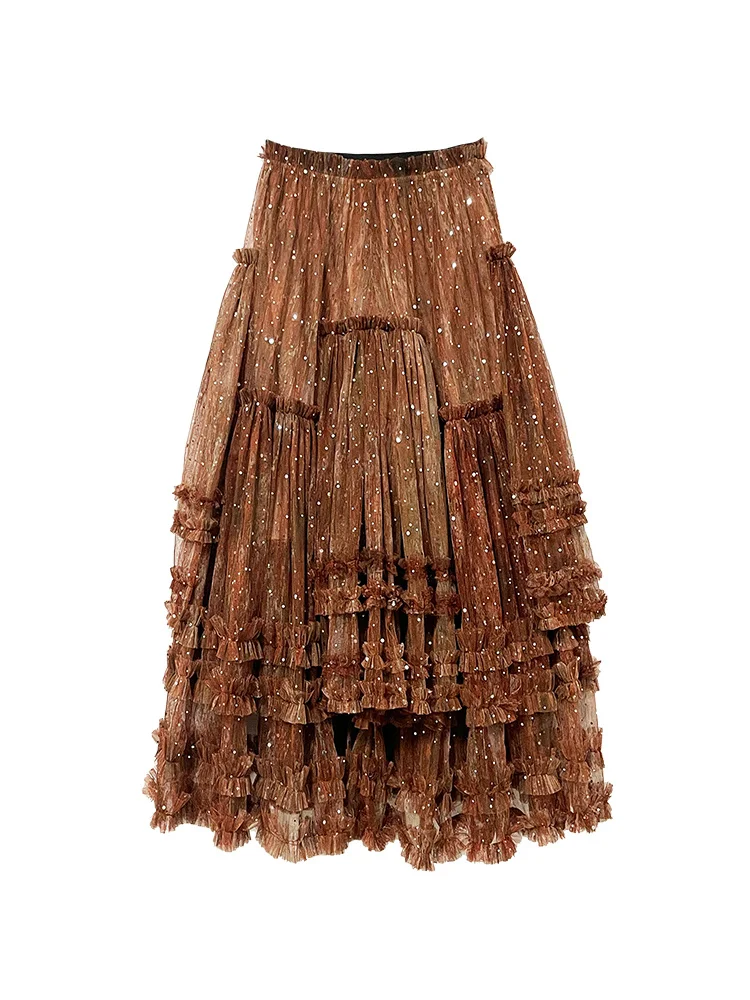 

Fall Spring Winter Maxi Cake Skirt Women Vintage Elegant Shiny Sequins Mesh Long Skirt All-Match Irregular Tiered Skirt