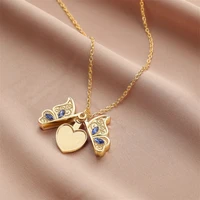 cute butterfly heart pendant necklace for women girls gold color open zircon butterfly insect necklaces jewelry gift 2022