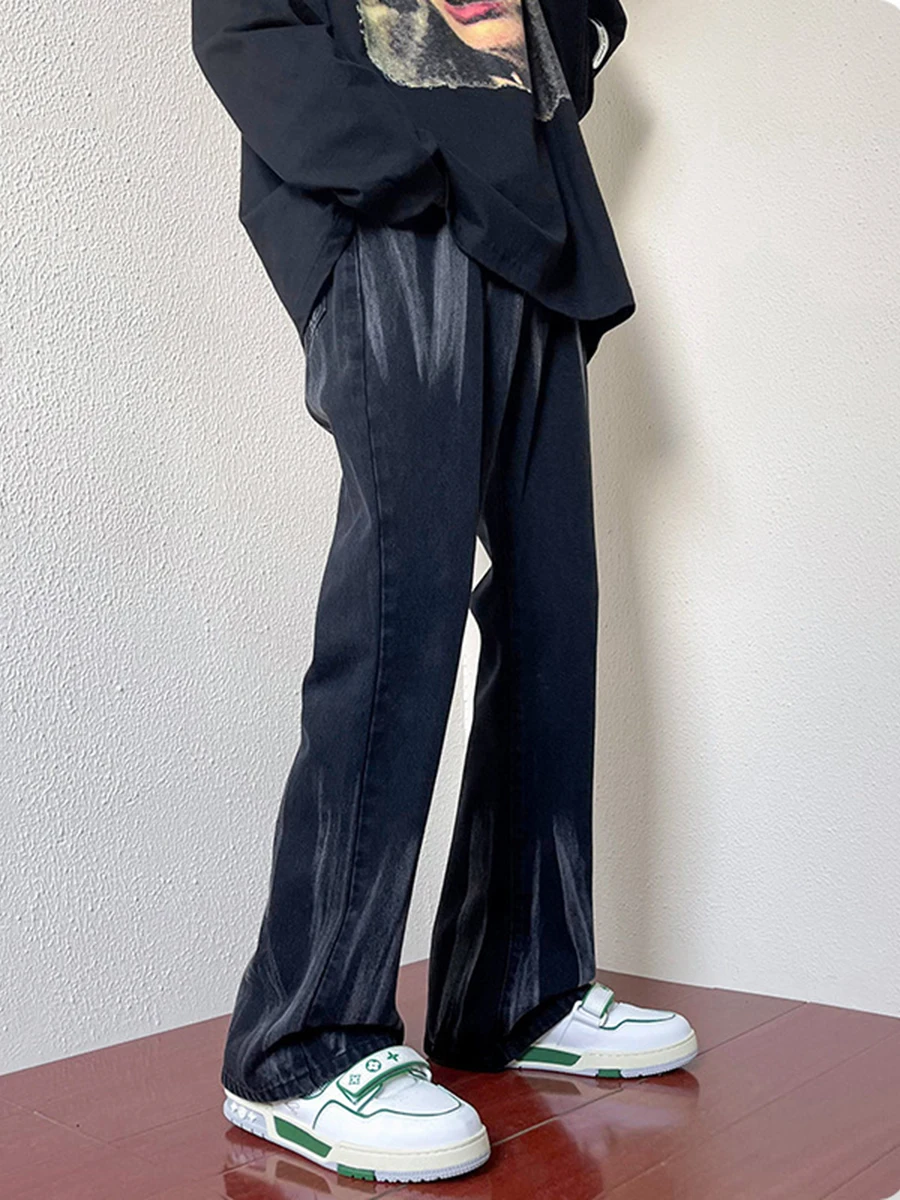 European and American Men's Fashion Trend High Street Tie-dye Micro-flare Black Jeans Men's Loose Straight Wide-leg Pants Denim