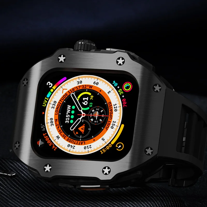 45MM Luxury Stainless Steel Case for Apple Watch Series Ultra 49mm Modification Kit for IWatch 8 7 6 5 Se 4 Fluororubber Strap