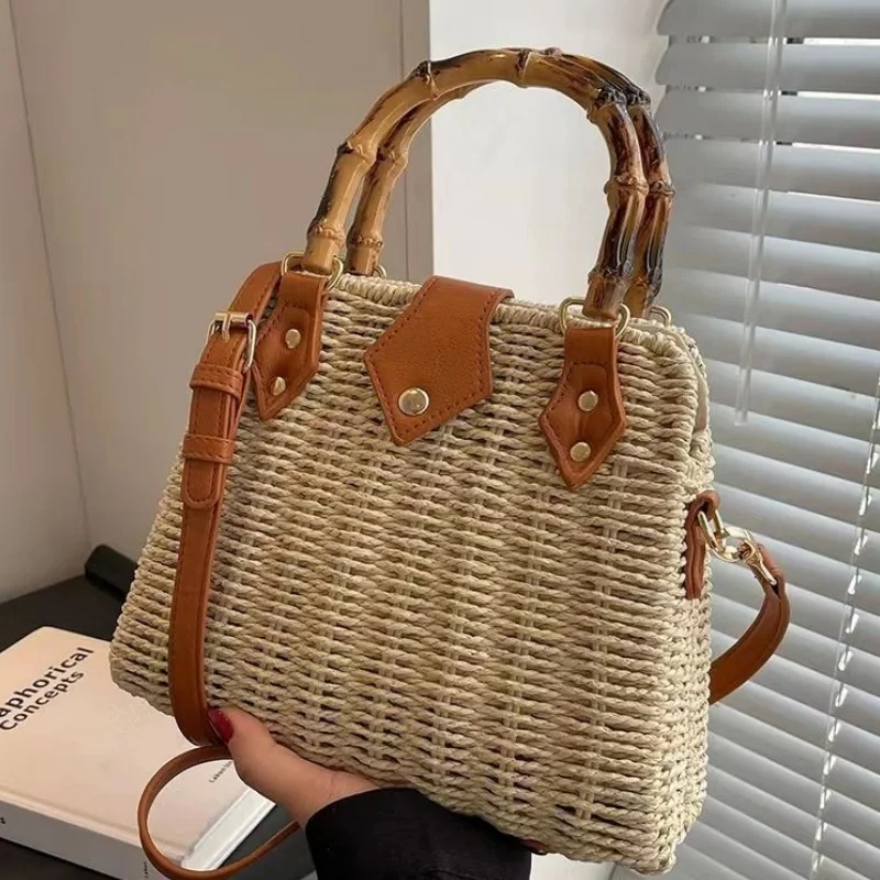 

Vintage Bamboo Handle Handbag For Women Designer Straw Bag PU Leather Shoulder Crossbody Bag Lady Khaki Beige Handmade Woven Bag