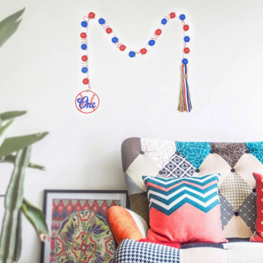 

Деревянная гирлянда из бусин в бейсбольном стиле, настенная подвесная молитвенная гирлянда из бусин 32 дюйма с деревенскими кисточками