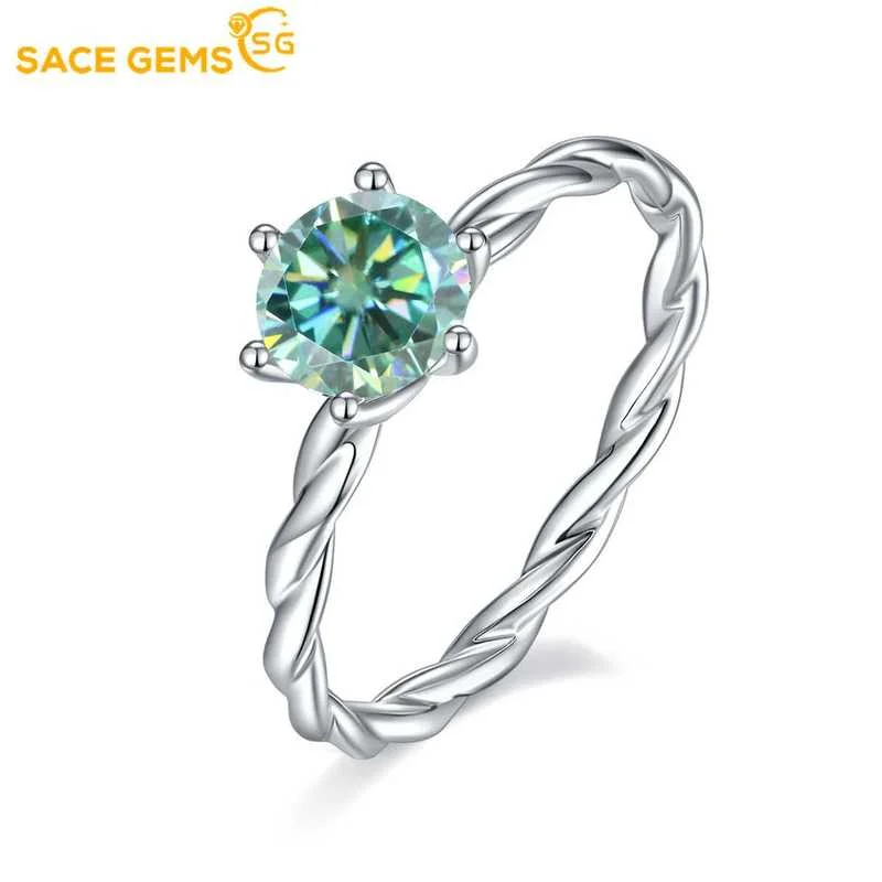 

SACE GEMS 1 Carat Green Moissanite Ring with Certificate 925 Sterling Silver Rings for Women Wedding Party Fine Jewelry Gift