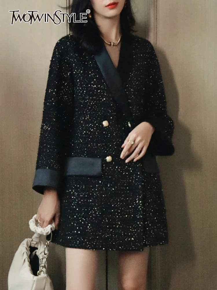 

TWOTWINSTYLE твидовая однотонная куртка для женщин с отворотом и длинным рукавом, двубортная элегантная прямая куртка, женская одежда, новинка 2022