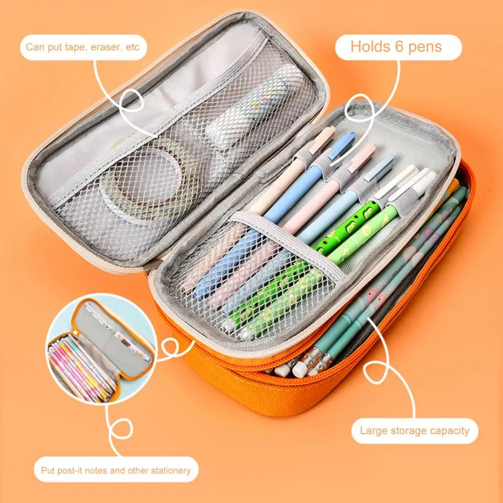 

Zipper Closure Pencil Case with Inner Net Bag Canvas Color Matching Large Capacity Canvas Stationery Box School Supplies