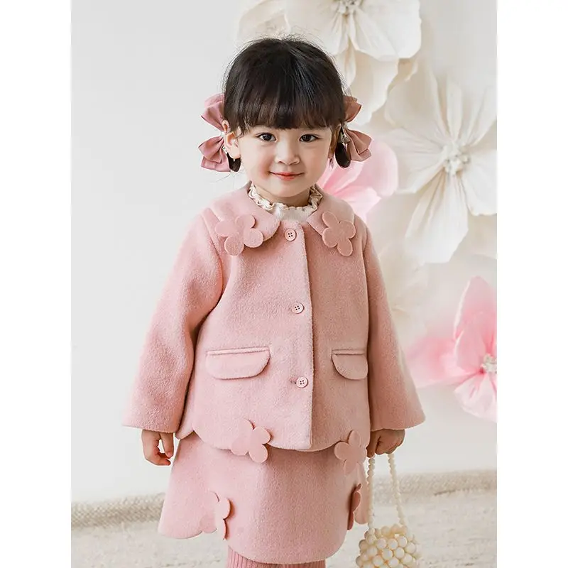 

Girls Simple Coat Winter New Foreign Style Korean Children's Fashionable Elegant Jacket Skirt 2pcs Warm Princess Cotton Suit