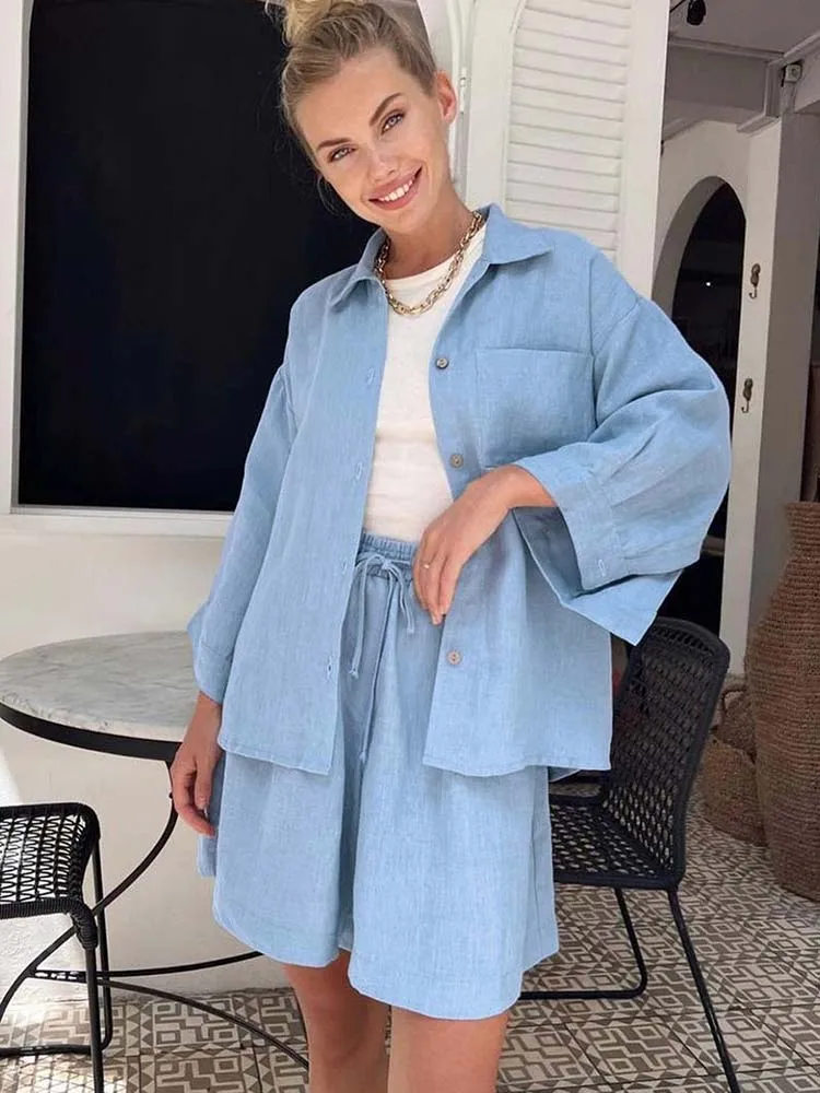 

Jyate Fashion Women Shorts Set Blue Single-breasted Shirt High Waist Short Pants Two Piece Set Women Outfit Summer Casual Sets