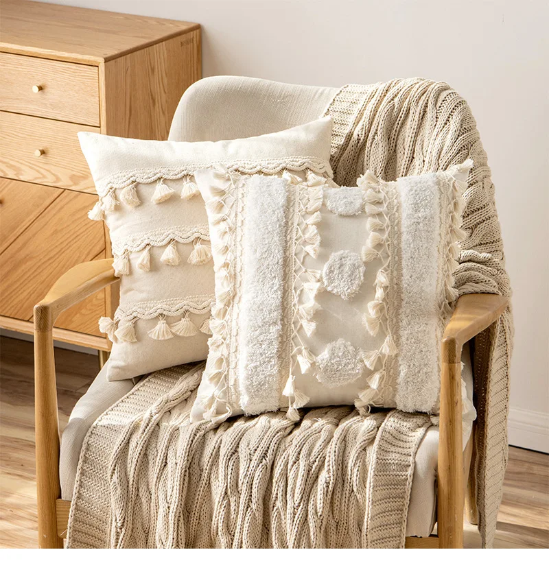 

Morocco Lumbar Tufted Throw Pillow Case with Tassels Hand-Woven Boho Farmhouse Cushion Covers for Sofa Couch Home Décor