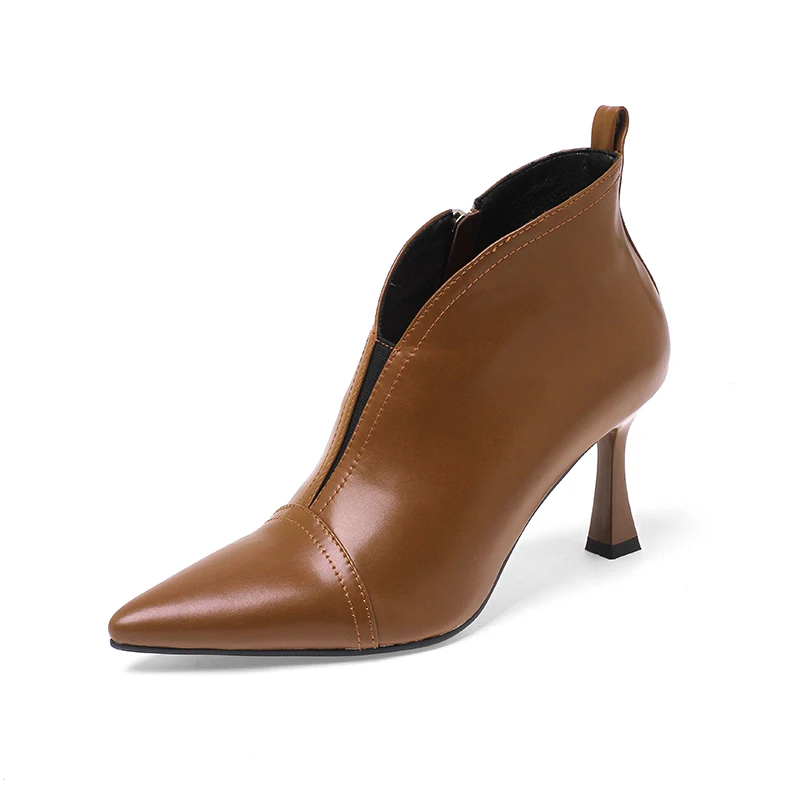 

Женские ботильоны из овечьей шкуры, черные, коричневые ботильоны на тонком каблуке, с острым носком, на молнии, весна-осень-зима 2023