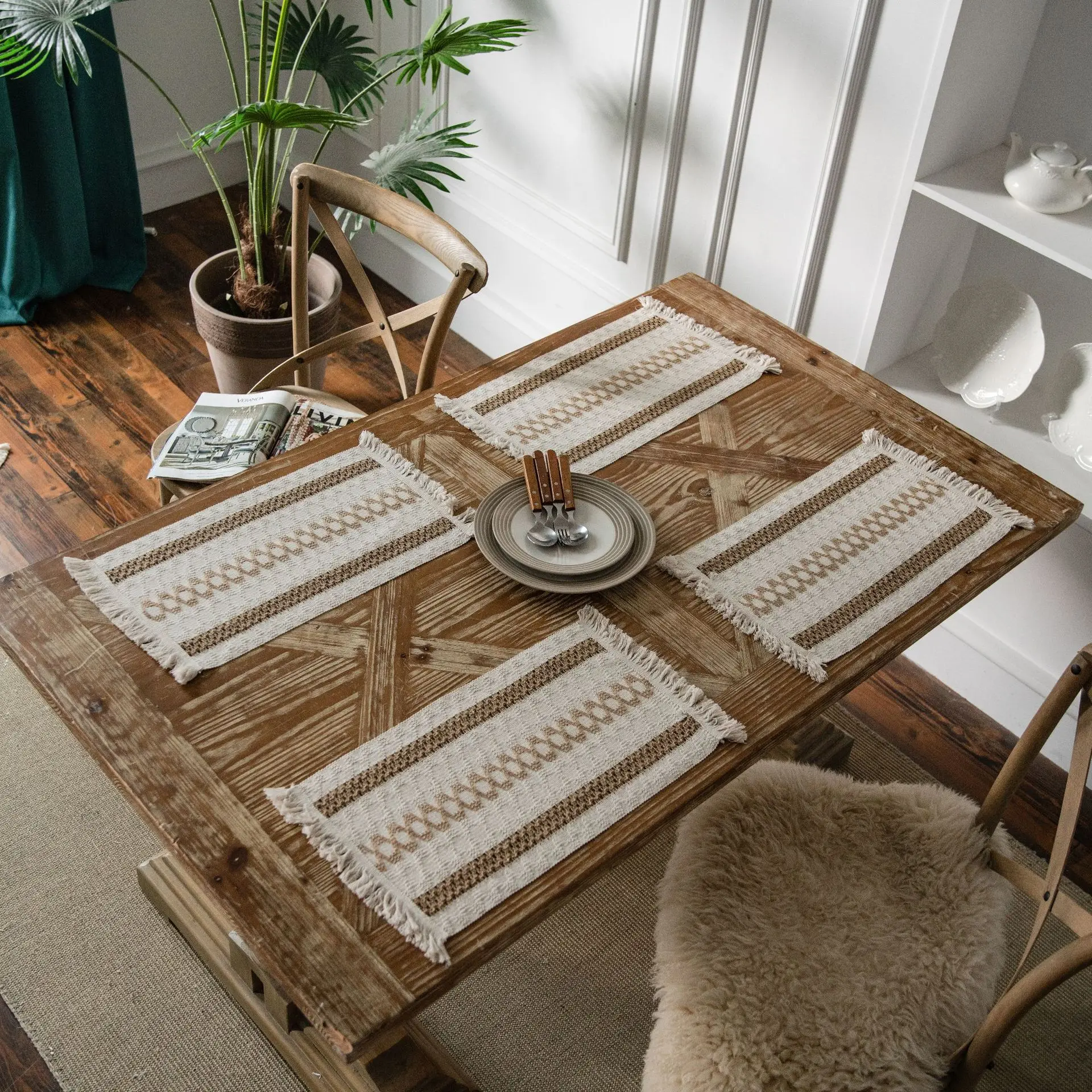 

Bohemian Cotton Linen Placemats with Braided Tassel Dining Table Mat Kitchen Pads for Home Party Wedding Decoration Coasters
