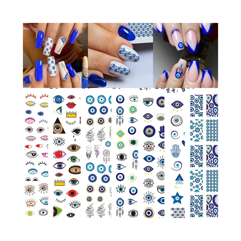 

10PCS Nail Stickers Water Decals Eyes Stripe Nail Art Decorations for Manicure Accessories Press on Nails Foil Stickers and Deca