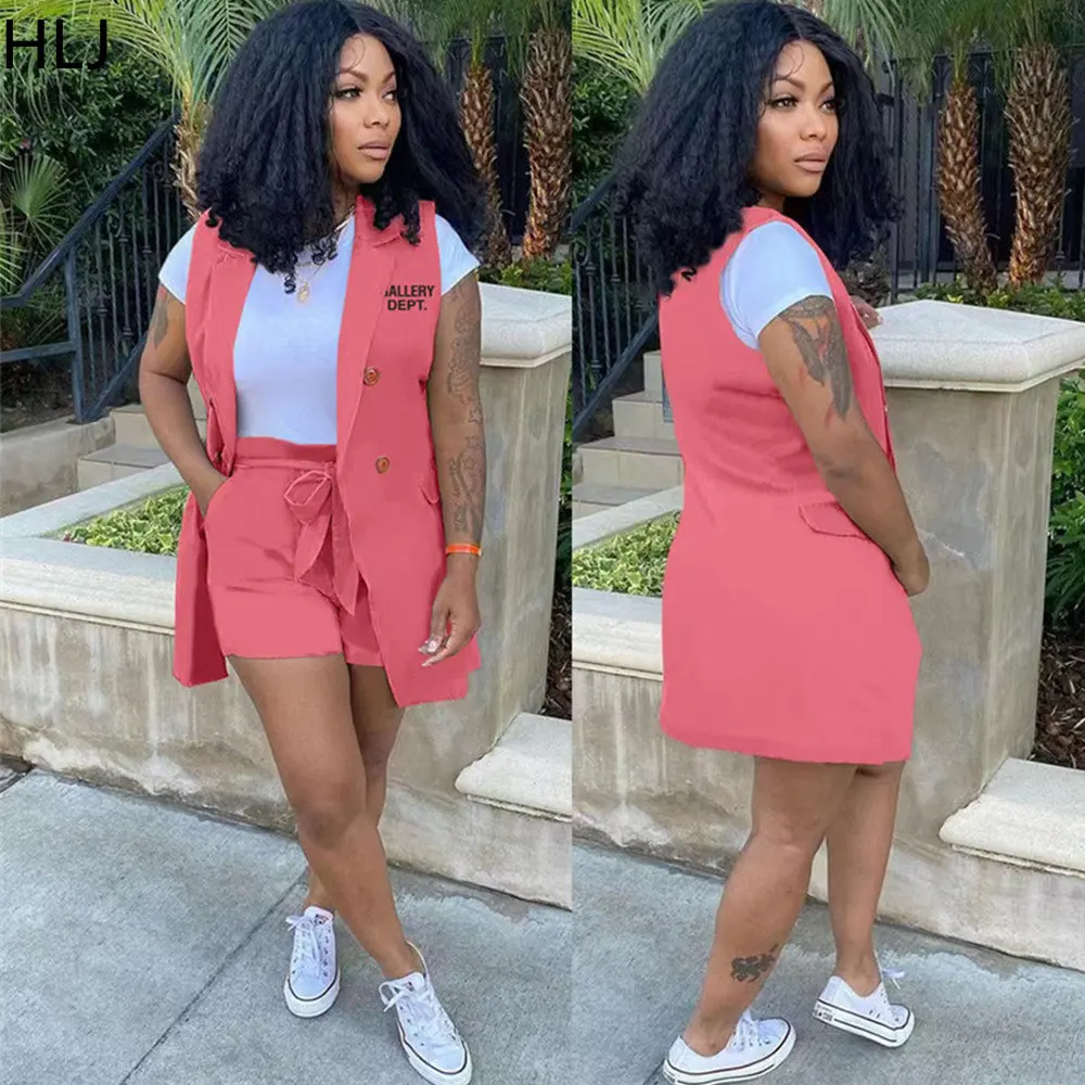 

HLJ Casual Letter Print Two Piece Sets Women Sleeveless Blazer Coat And Sashes Shorts Outfits Office Lady Work 2pcs Clothes 2023