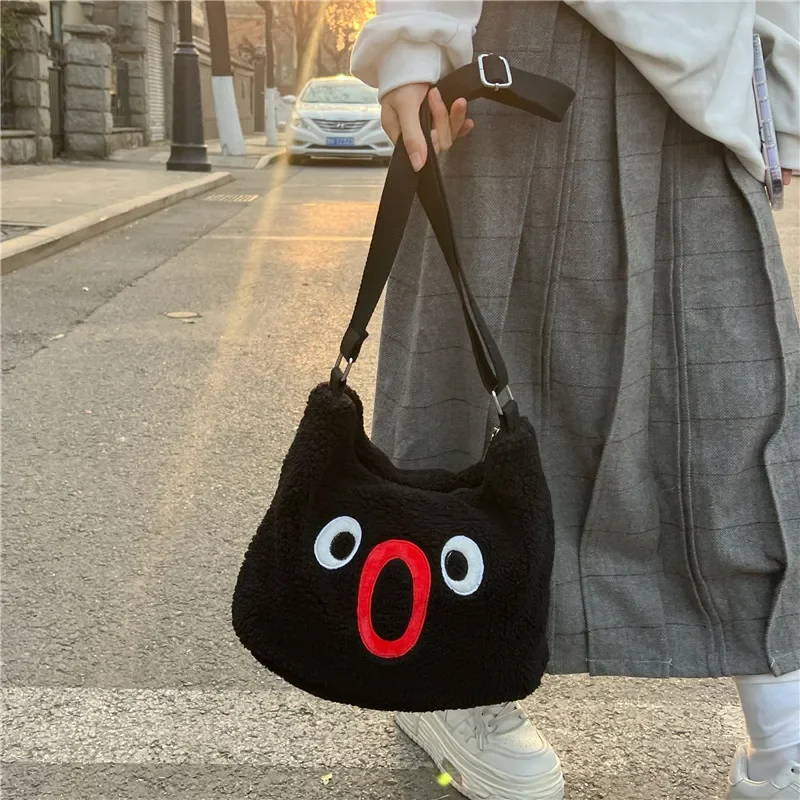 Фото Pingu Pinga флисовые сумки через плечо с вышивкой, повседневные женские сумки на молнии, милые однотонные сумки большой емкости на одно плечо №4