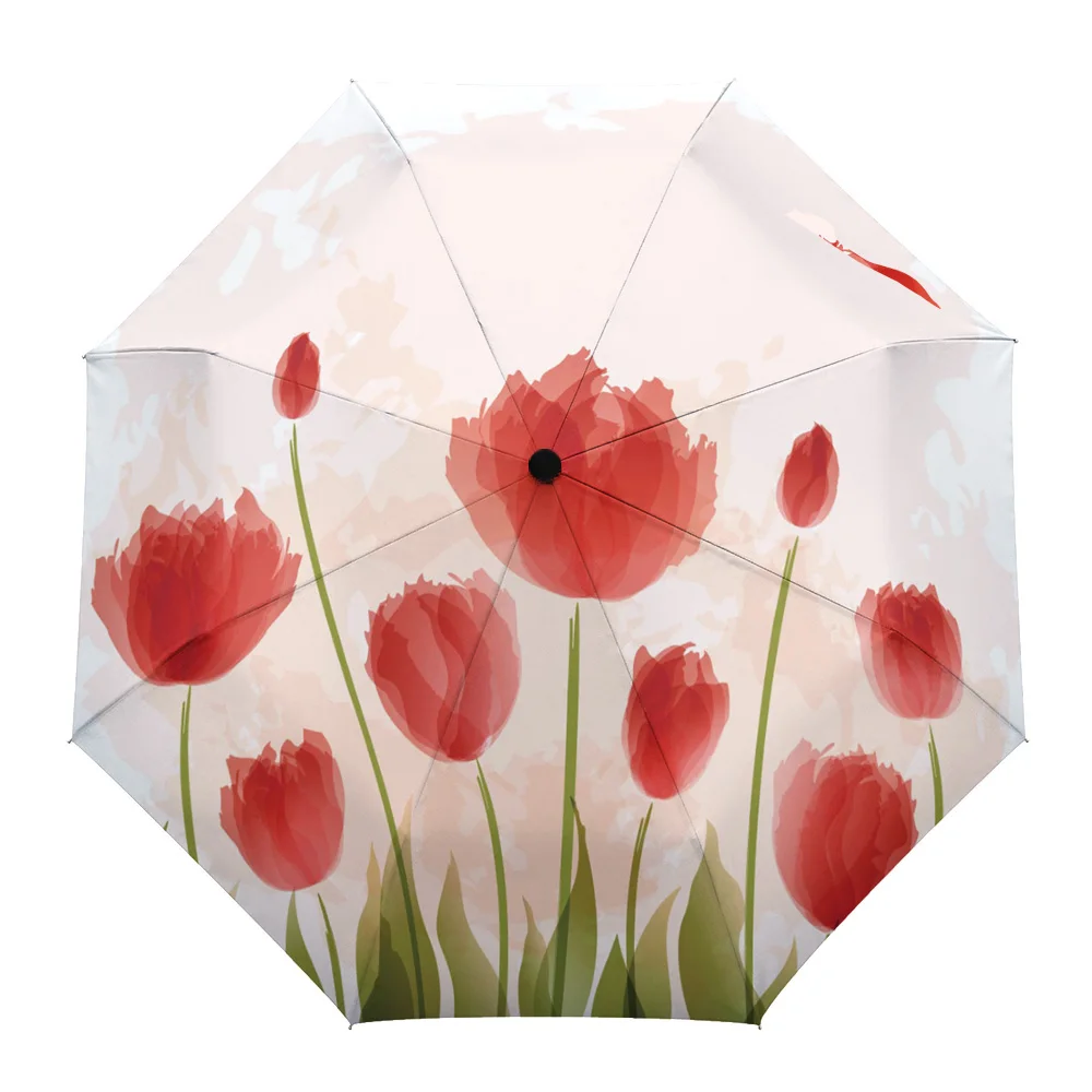 

Tulip Red Watercolor Painting Fully-automatic Umbrella for Outdoor Kids Adults Printed Umbrella Foldable Eight Strand Umbrella