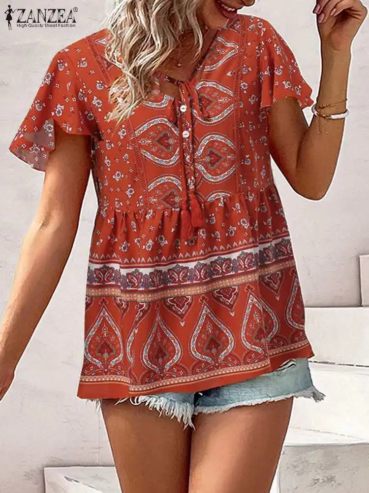 

Bohemian Summer Floral Printed Blouse ZANZEA Women Vintage Holiday Beach Tops Casual Short Sleeve Shirt Ethnic Blusas Oversize