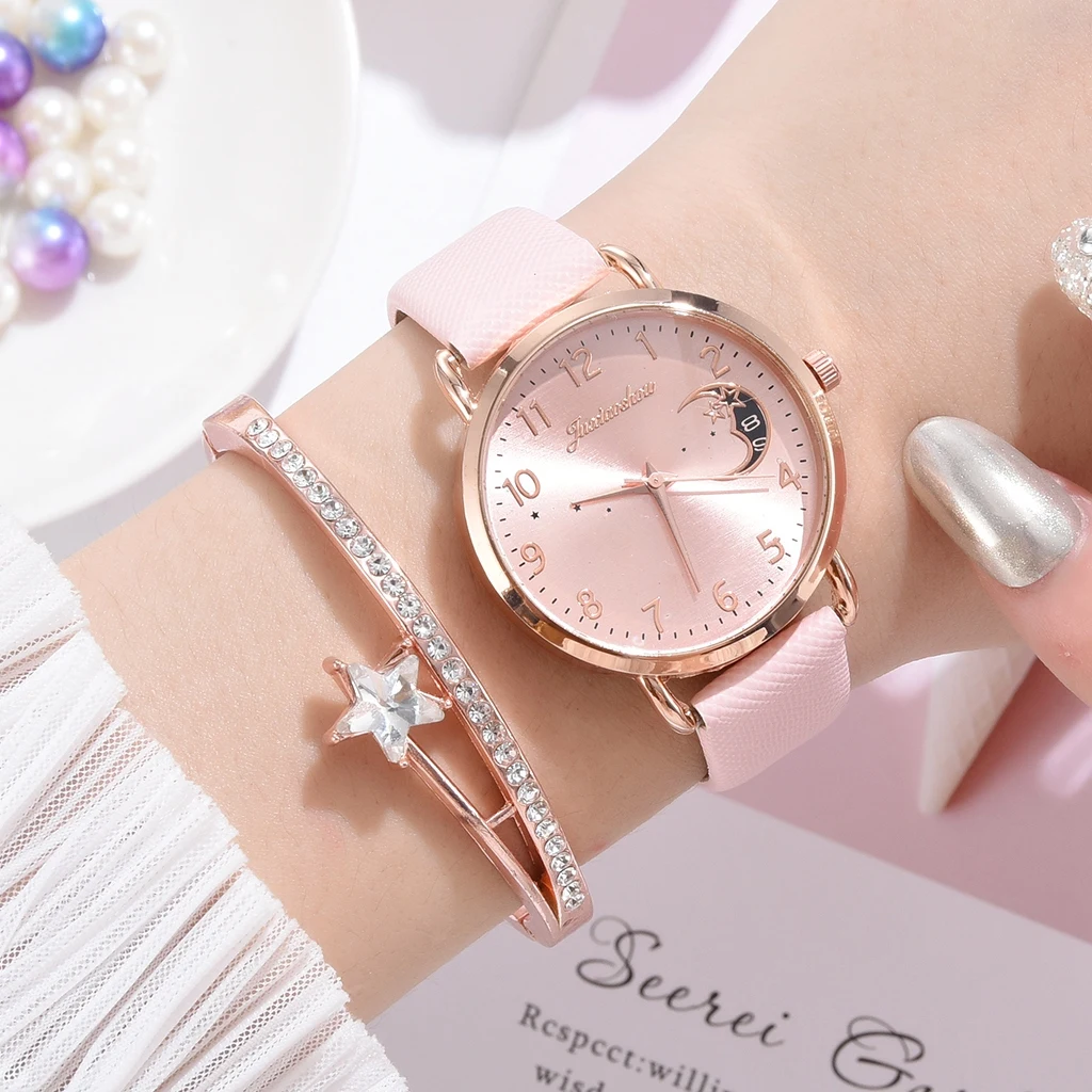 

Women Watch Moon Numbers Dial Bracelet Watches Set Ladies Leather Quartz Wristwatch Women Female Clock Mujer Hot