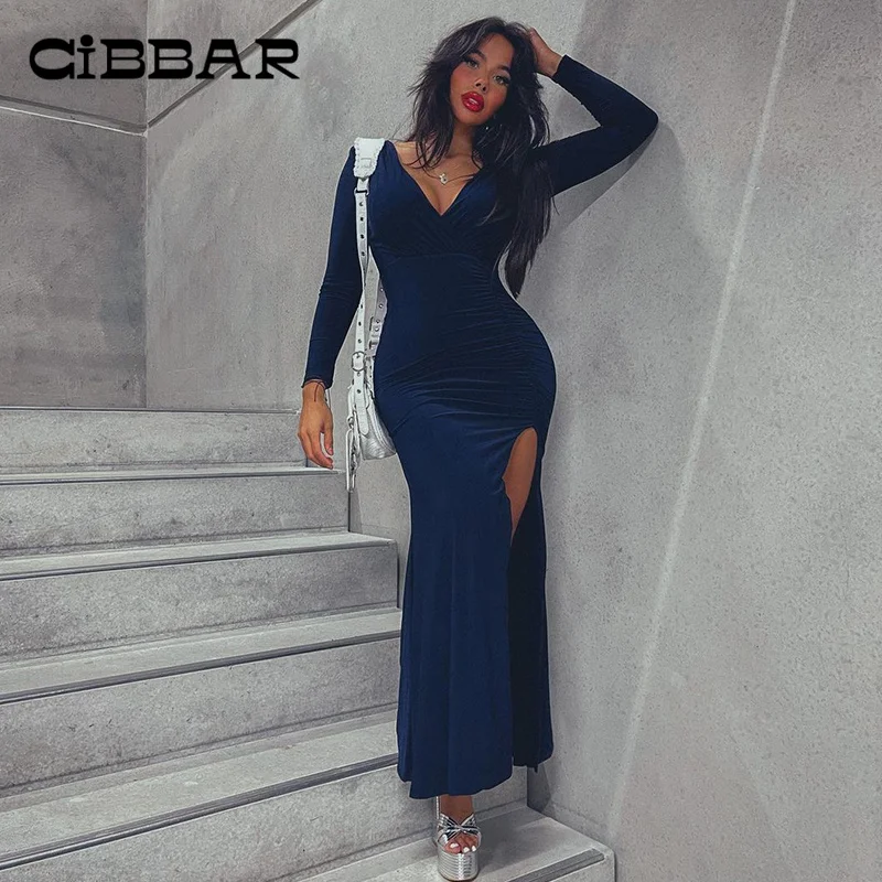 

CIBBAR Sexy V Neck Events Dresses Slim Aesthetic Ruched Slit Maxi Mermaid Dress Partywear Long Sleeve Elegant Outfits Wedding