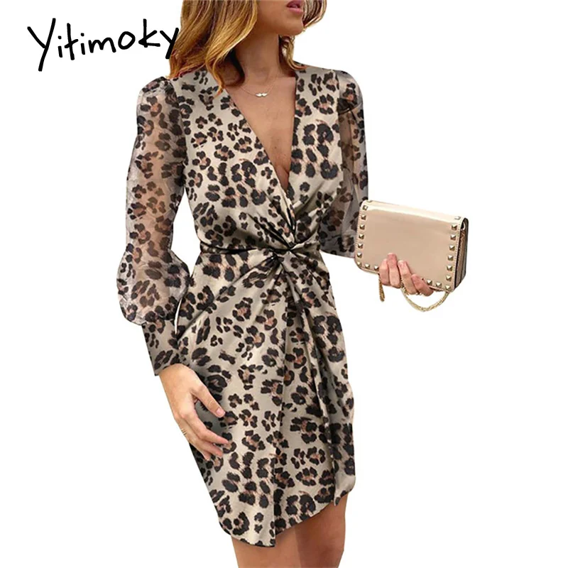 

Yitimoky 2022 New Women Prrinted Flowers Dress Long Sleeves Sexy V-neck Dress Printed Leopard