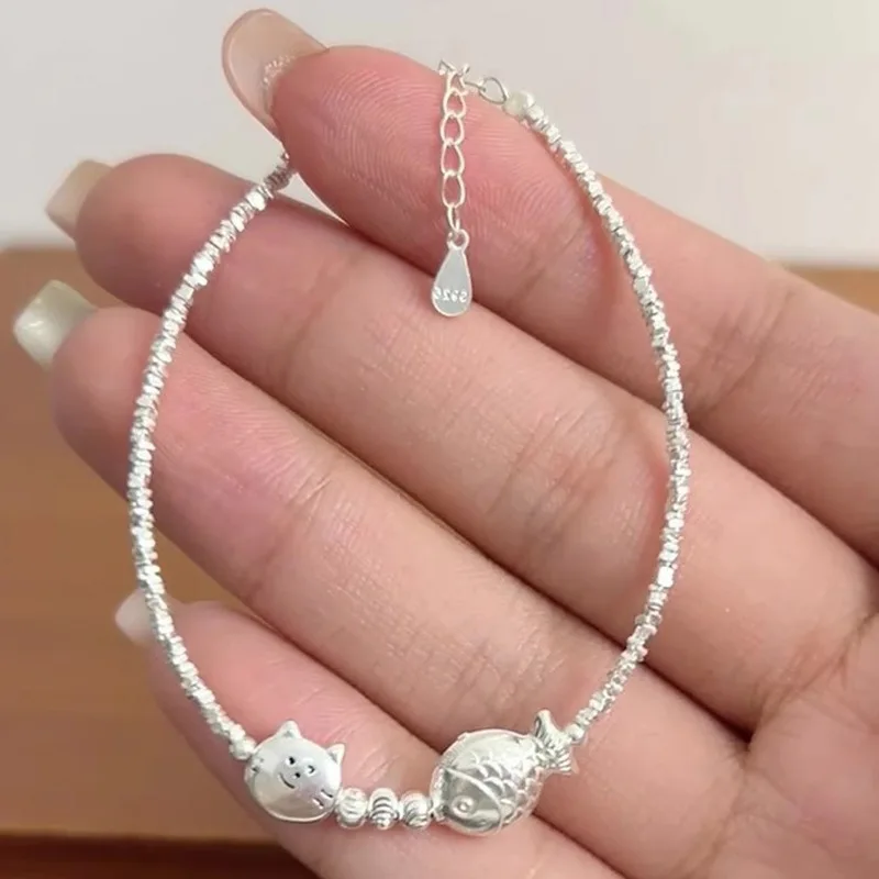 Браслет из стерлингового серебра 925 пробы кошка рыба нерегулярные квадраты милый