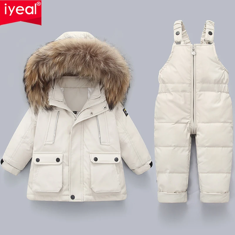 

IYEAL 2022 Winter Down Jacket Jumpsuit Baby Boy Parka Real Fur Girl Snowsuits Children Clothing Set Toddler Thick Warm Overalls