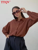 ttqv fashion brown office womens elegant blouses casual loose lapel long sleeve shirts vintage classic top female clothing