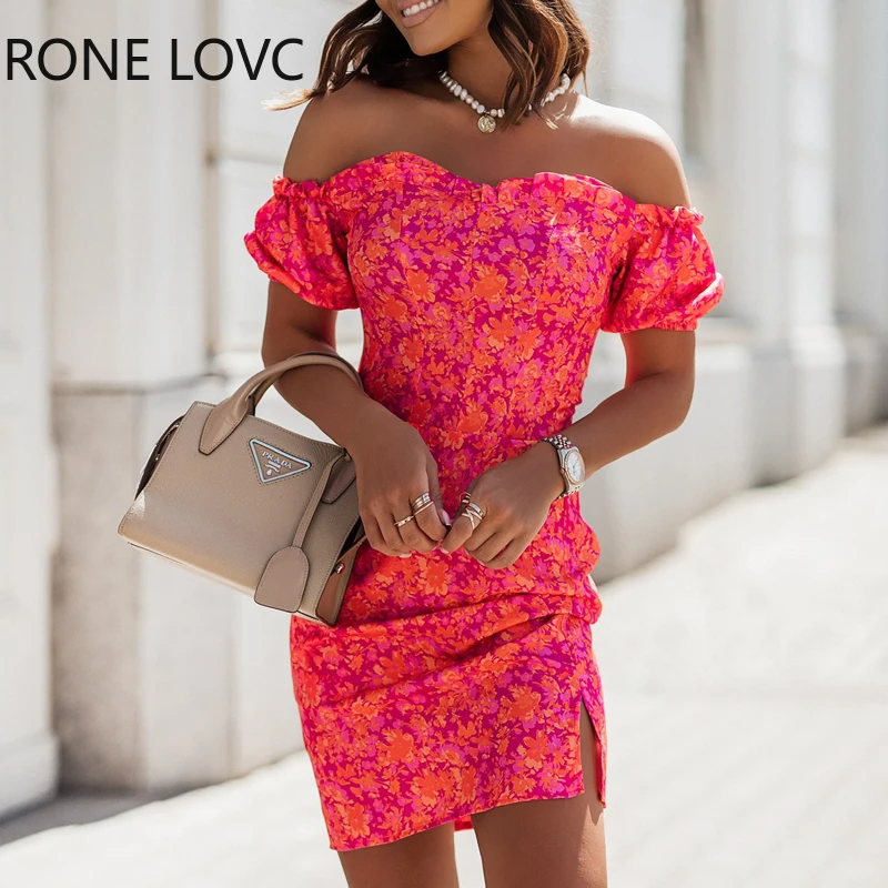

Women Chic All Over Print Edible Tree Fungus Hem Slash Collar Off Shoulder Small Silt Sexy Mini Party Dress