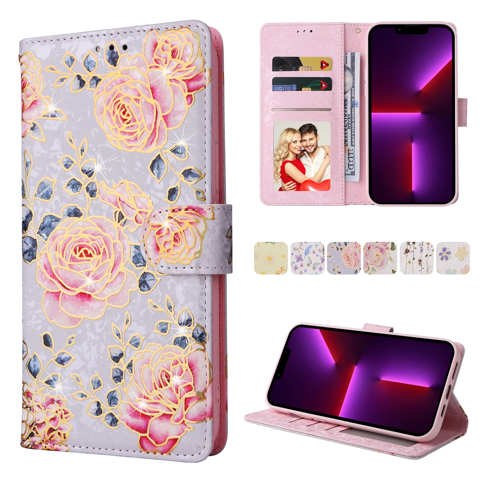 Luxury Leather Magnetic Flip Case for iphone 12 13 14 11 Pro Max Xr Xs X 8 7 Plus SE 2022 Wallet RFID Rose Flower Cover Coque